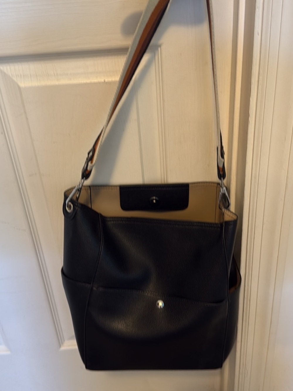 Black Leather Shoulder Bag with Beige Interior